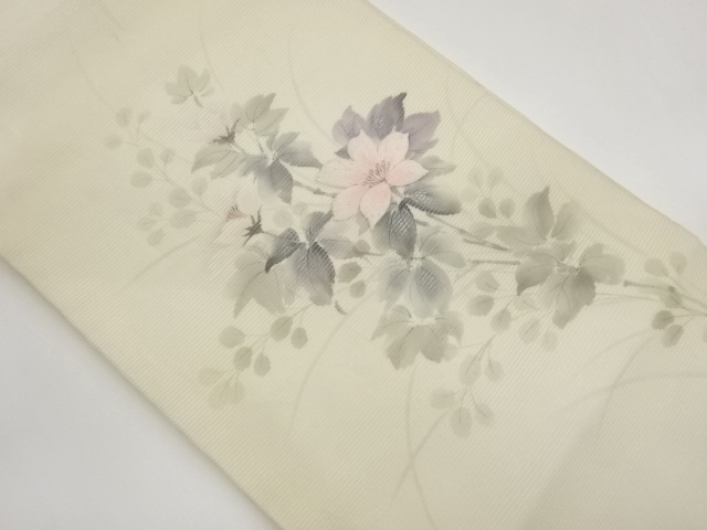 作家物　絽銀彩手描き花葉模様刺繍名古屋帯